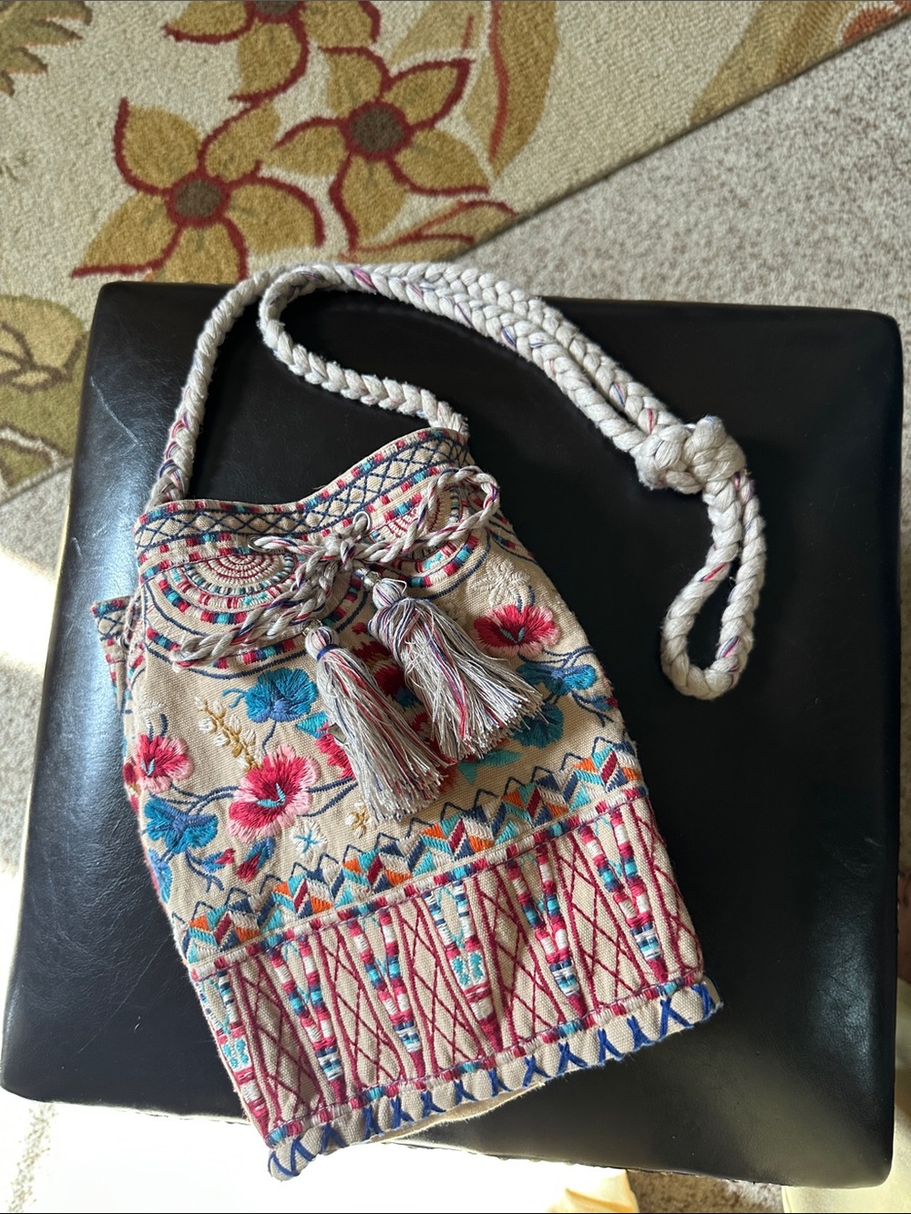 Johnny Was Embroidered Tassel Drawstring Mini Bag